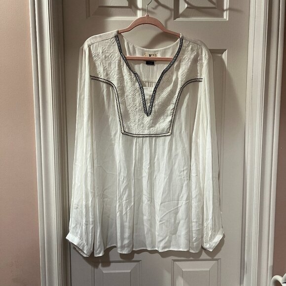 DC Jeans White Boho Blouse Top Black Trim Flowy V-Neck Women's Plus Size 2X - Picture 1 of 8